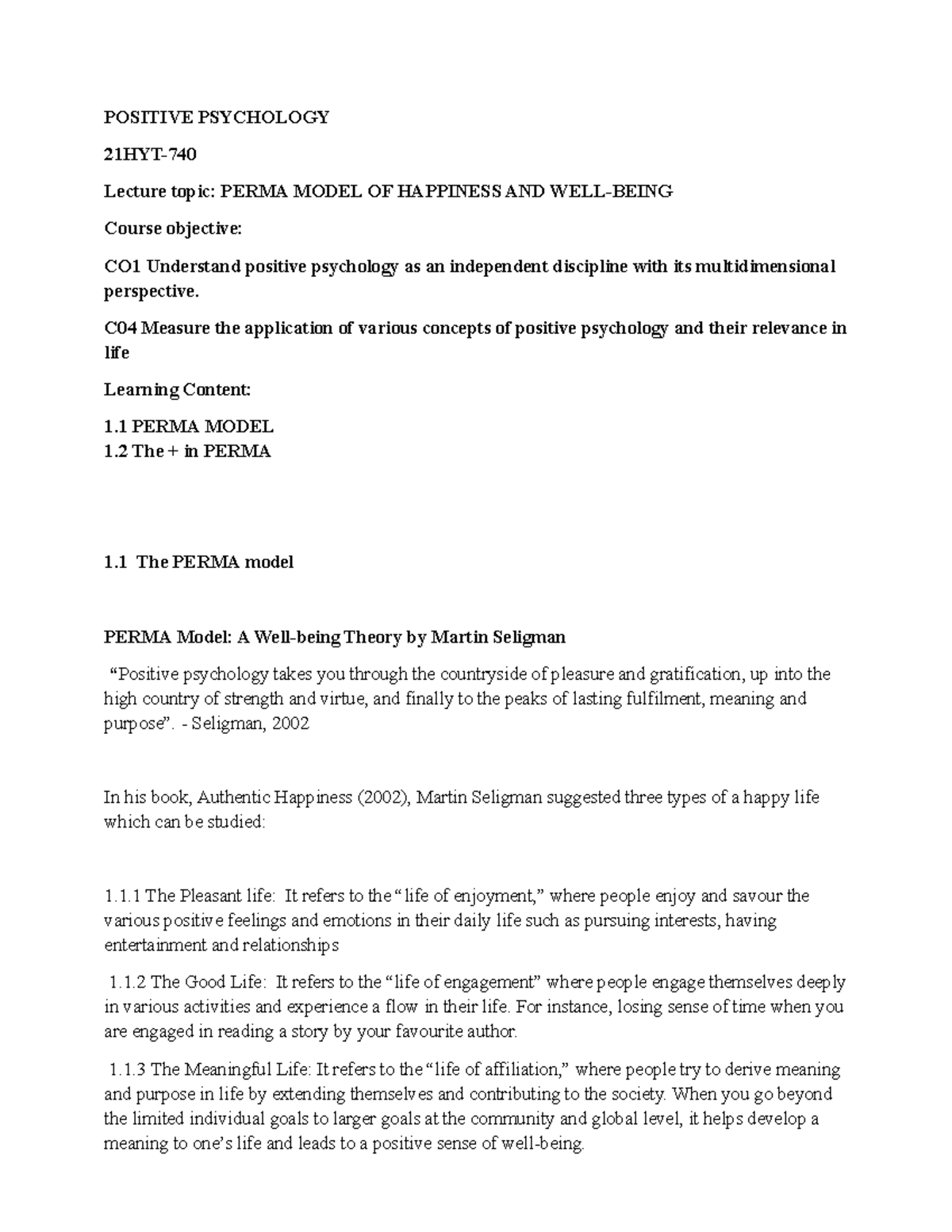 Positive Psychology Lecture on PERMA Model of Well-being 21HYT - Studocu