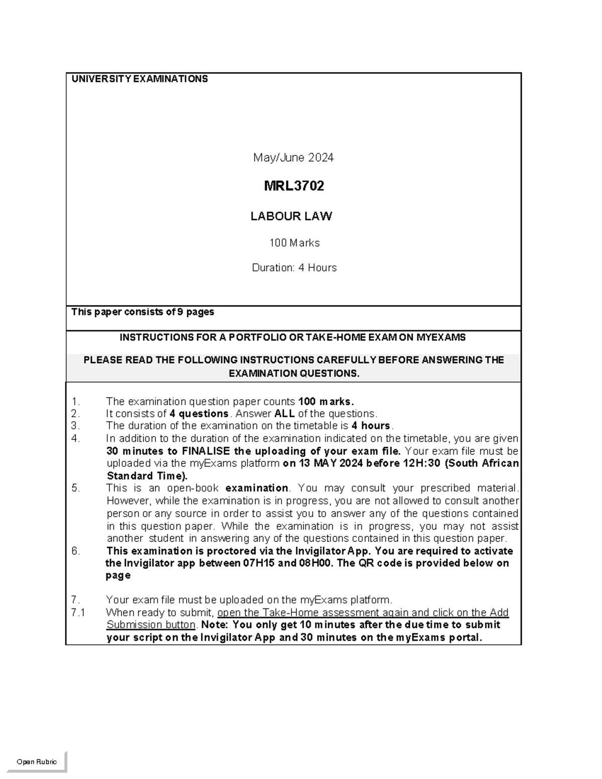 MRL3702 May/June 2024 Labour Law Examination Instructions EQP - Studocu
