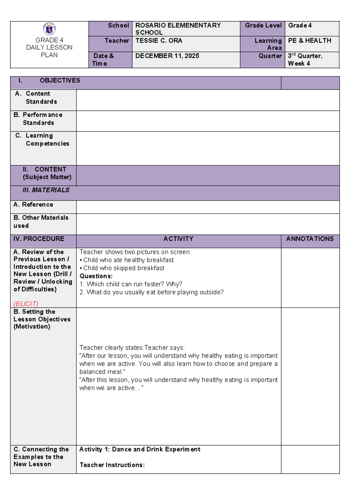 Grade 4 PE Health Daily Lesson Plan - 3rd Quarter Week 4 - Studocu