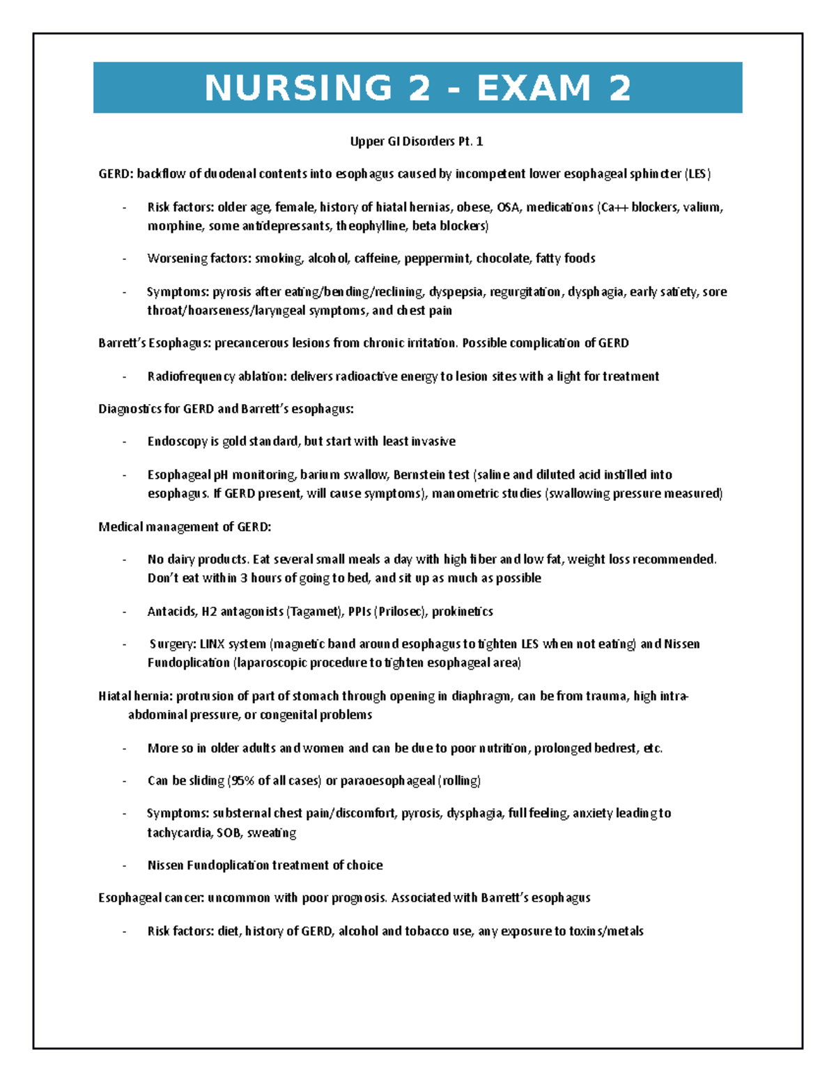 NURSING 2 - FINAL EXAM Study Guide: Upper GI Disorders Notes - Studocu