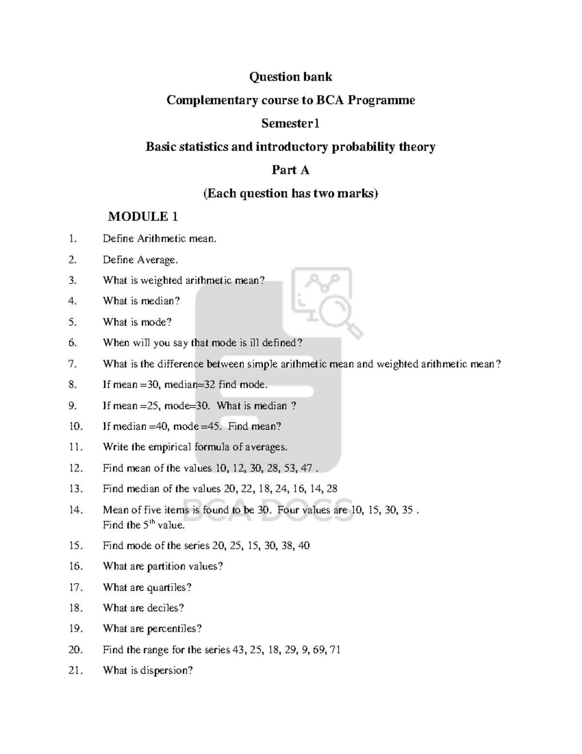 Statistics Question Bank BCA Semester 1: Comprehensive Guide - Studocu