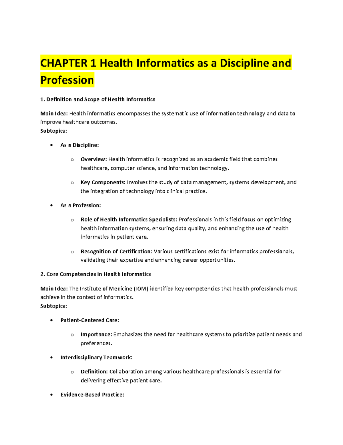 HI EXAM 1 Condensed Notes on Health Informatics and Technology - Studocu