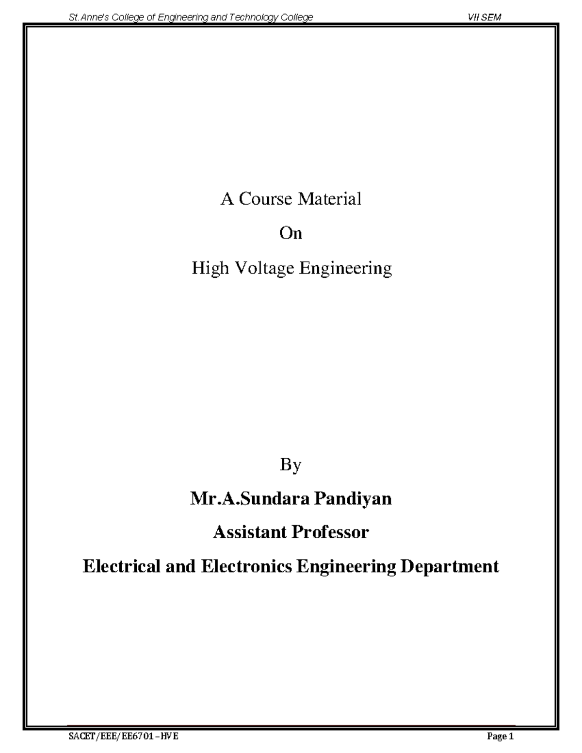 EE6701 High Voltage Engineering VII Sem Course Material and Notes - Studocu