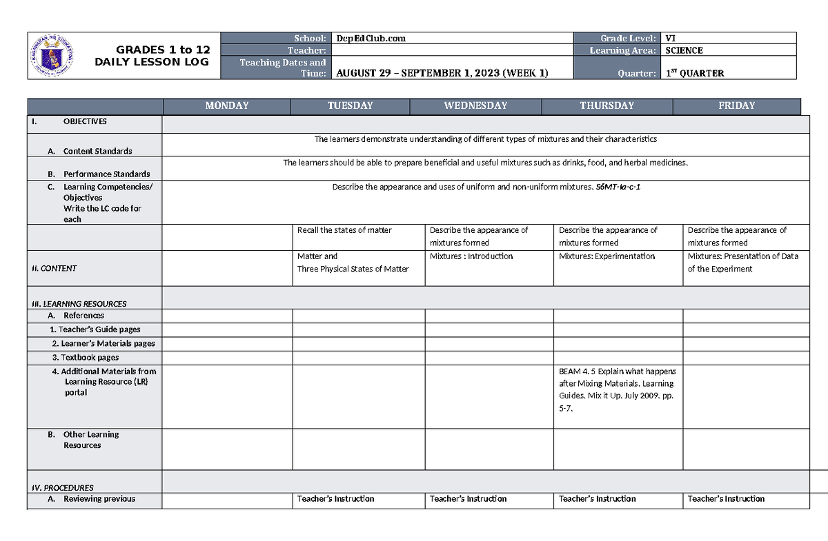 DLL Science 6 Q1 W1 - dll - GRADES 1 to 12 DAILY LESSON LOG School ...