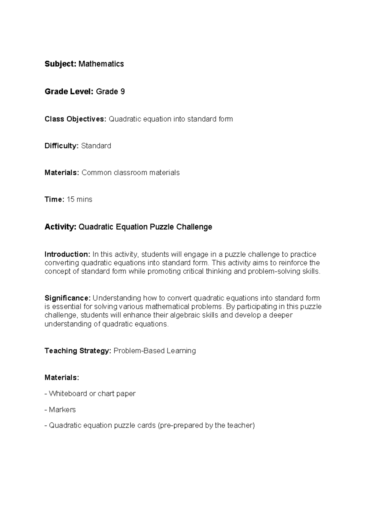 Grade 9 Math: Quadratic Equation Puzzle Challenge Activity - Studocu