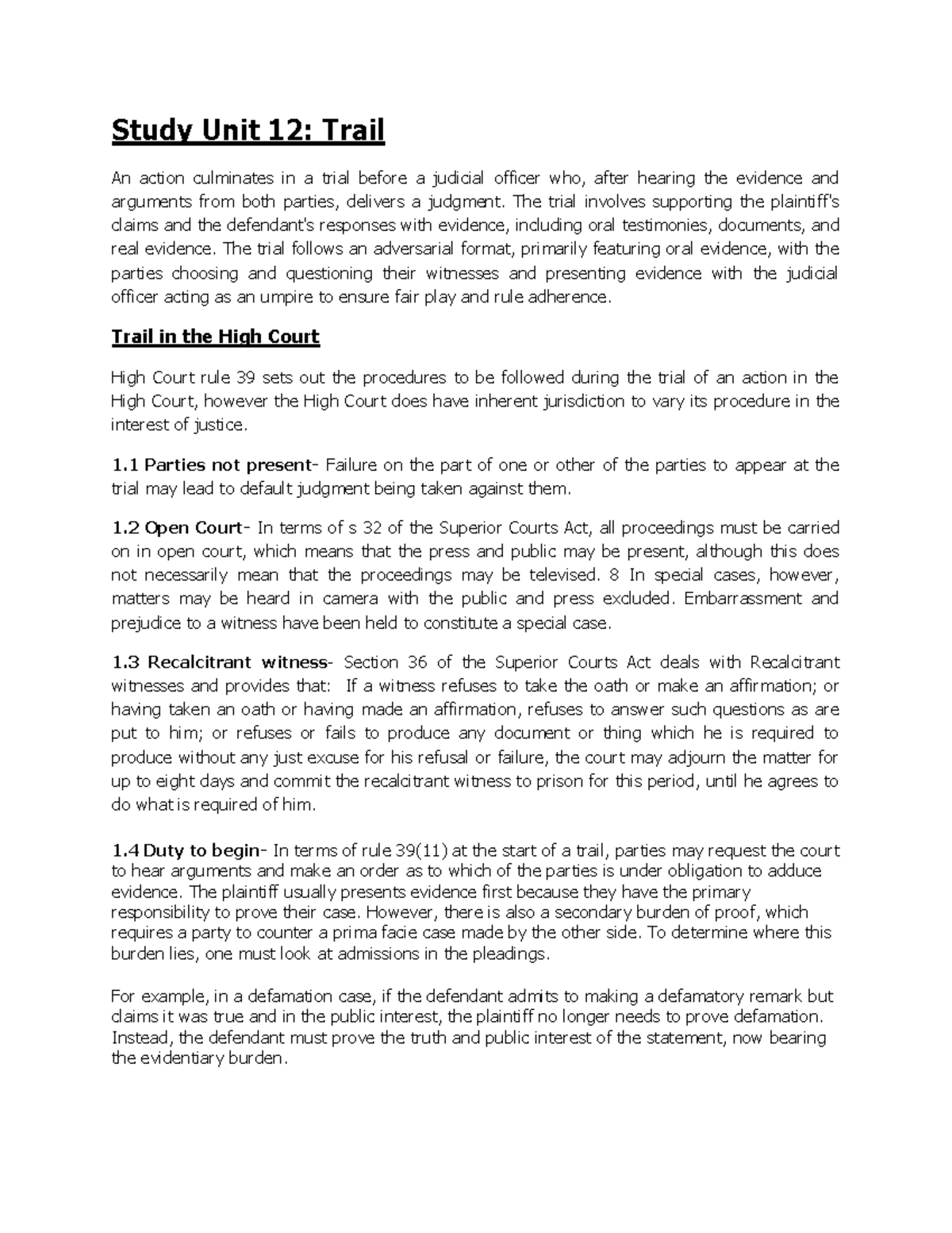 Study Unit 12: Trail - Study Unit 12: Trail An action culminates in a ...