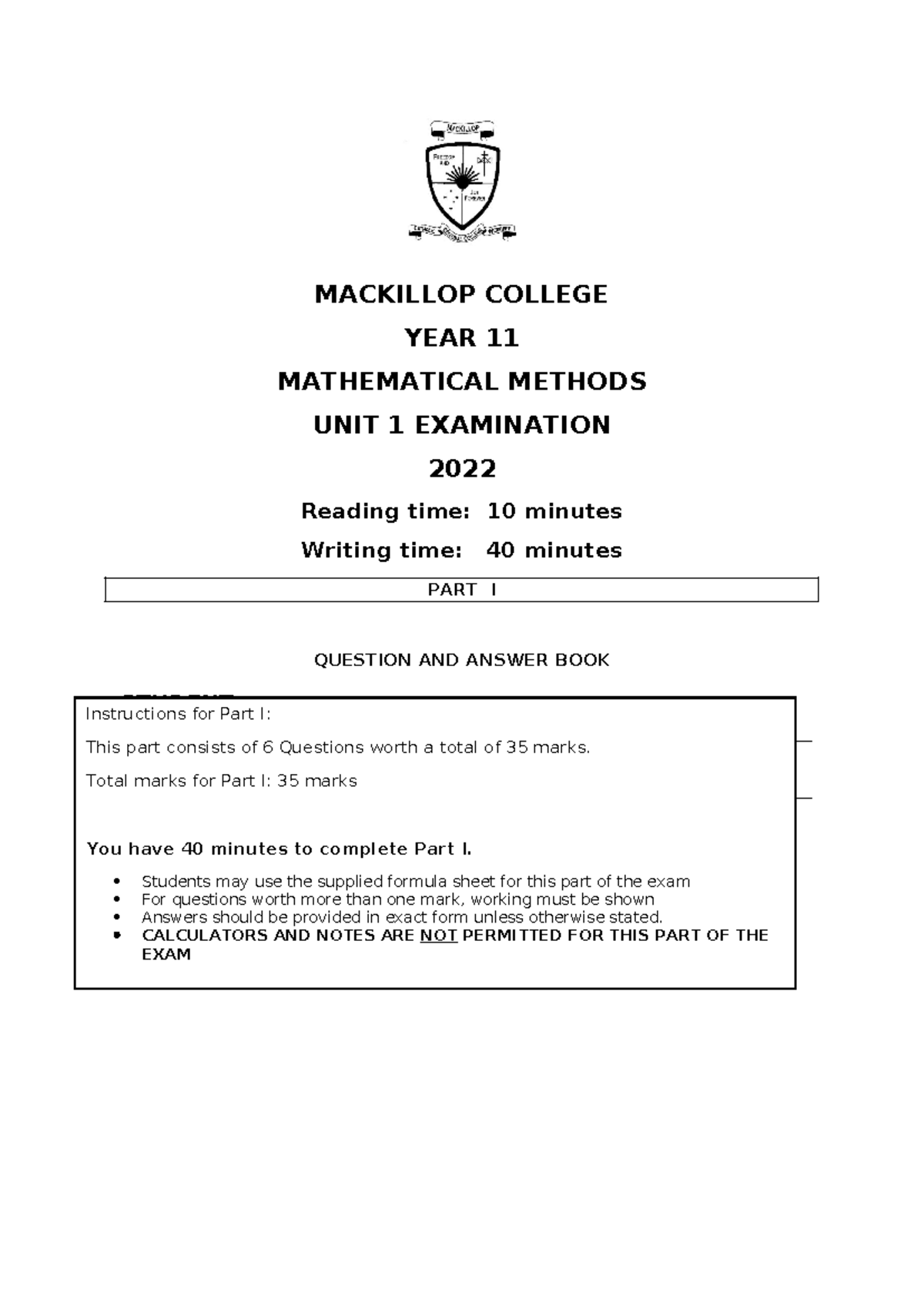 2022 MACKILLOP COLLEGE YEAR 11 MATHEMATICAL METHODS U1 EXAM - Studocu