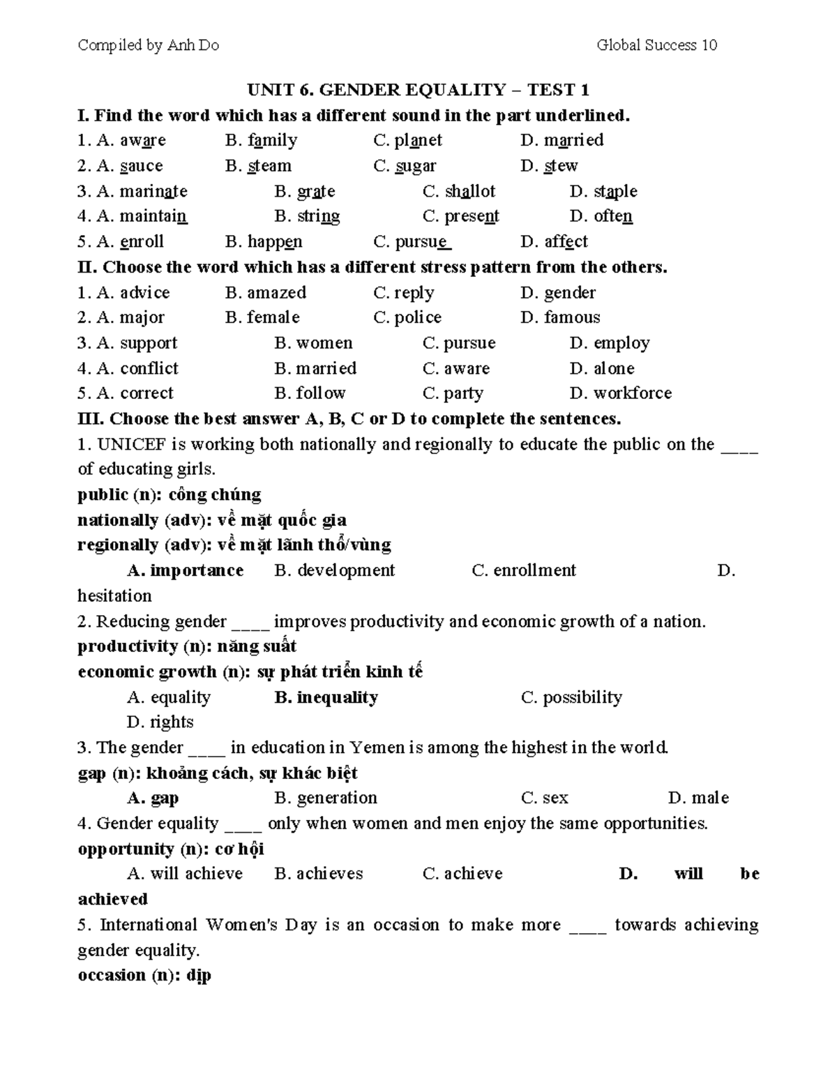GS10 U6 S - Gender Equality Test 1 & 2 Compiled by Anh Do - Studocu