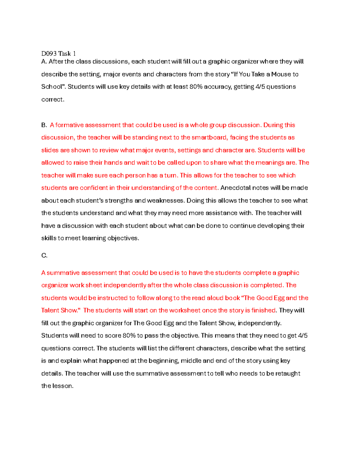 D093 Task - task 1 - D093 Task 1 A. After the class discussions, each ...