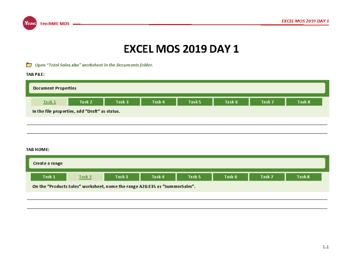 EXCEL MOS 2019 DAY 1 - teachME Worksheet Tasks and Formatting - Studocu