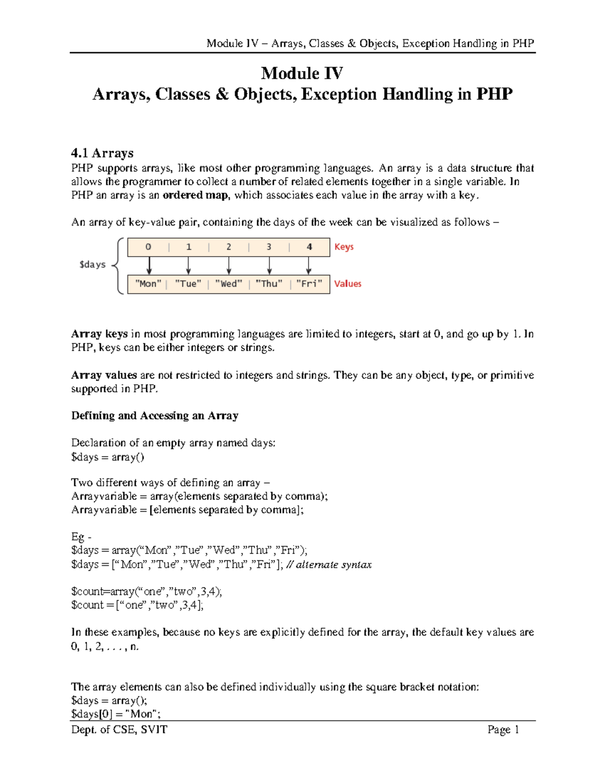 Module IV: PHP Arrays, Classes, Objects & Exception Handling - Studocu
