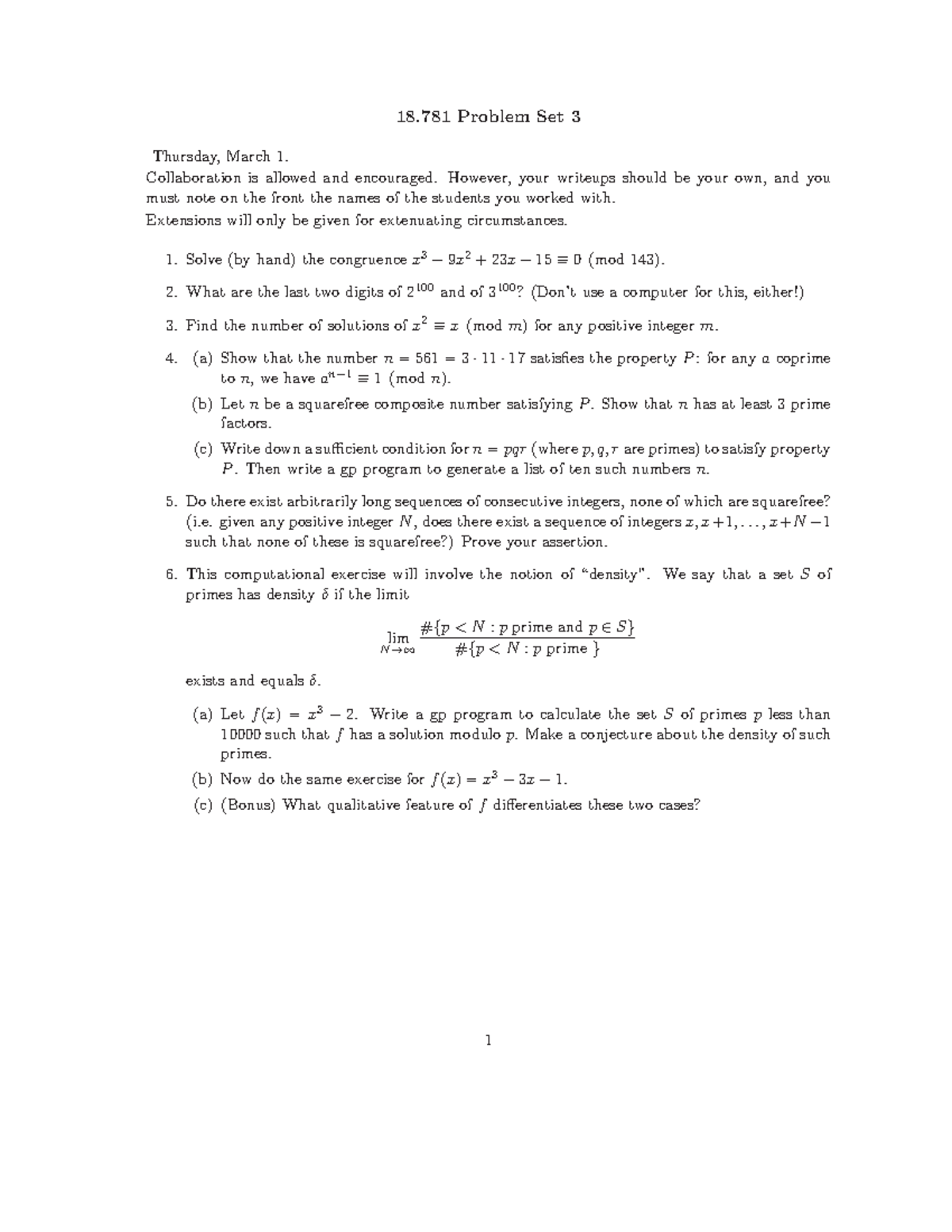 MIT 18.781 Problem Set 3 - Solutions and Computational Exercises - Studocu