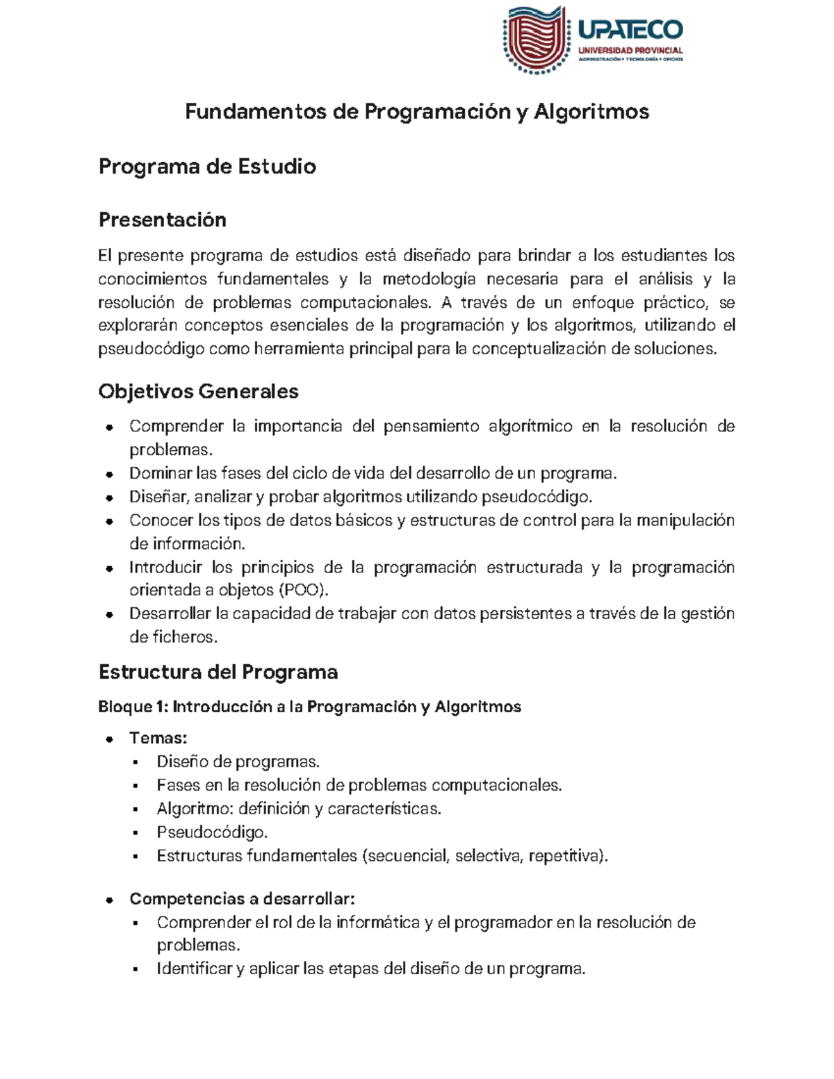 Fundamentos de Programación y Algoritmos - Programa de Estudio - Studocu