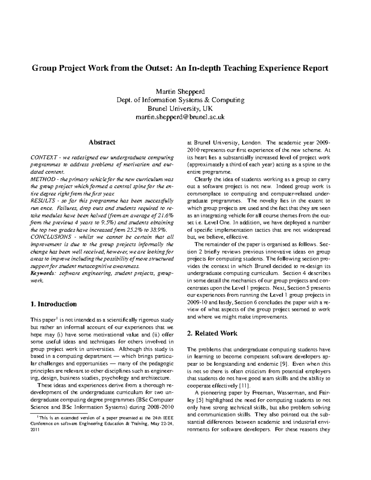 CSEET 2011 Group Projects: Enhancing Student Engagement through ...