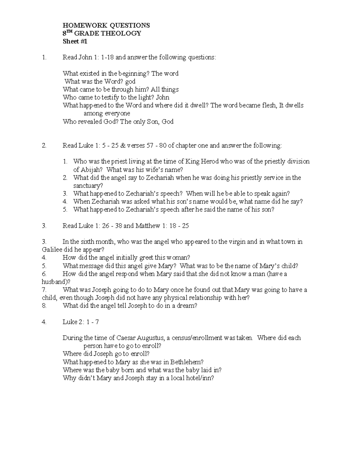 8TH GRADE THEOLOGY HOMEWORK QUESTIONS ON JOHN & LUKE - Studocu