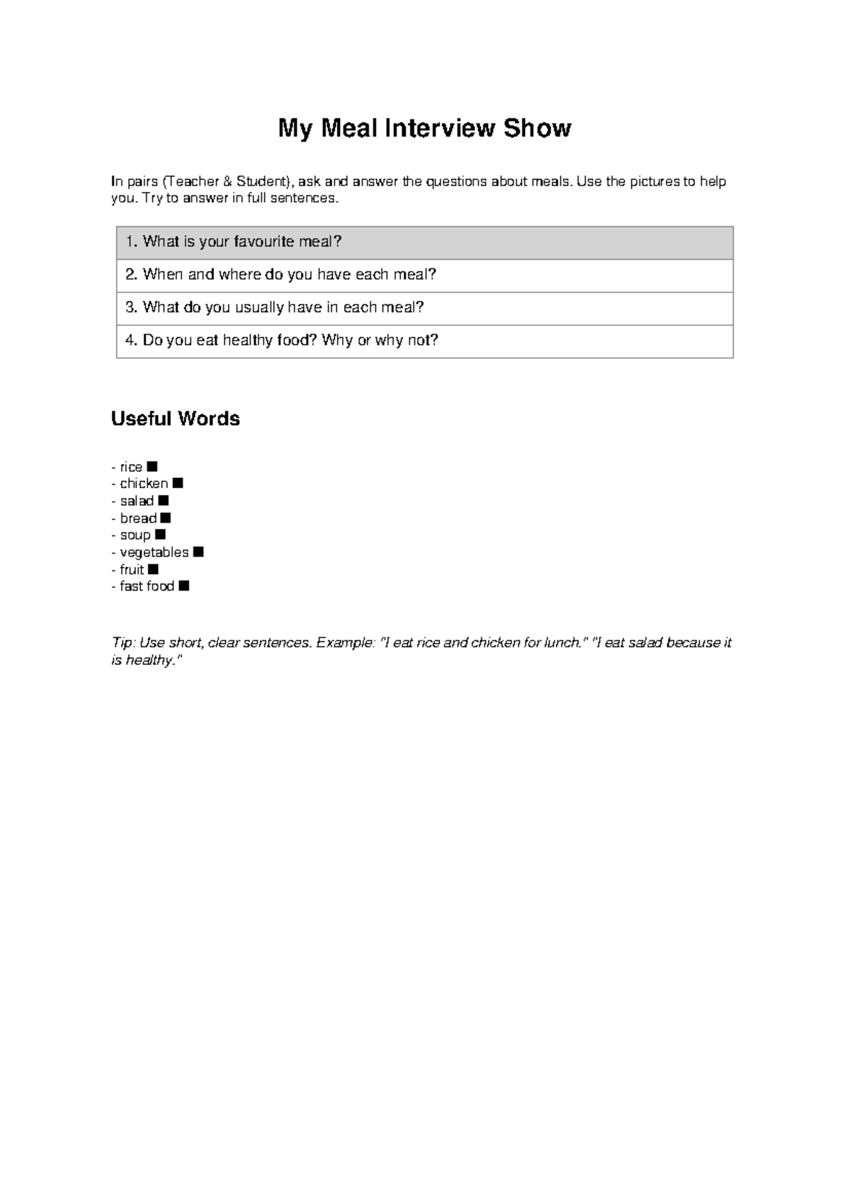 Meal interview handout - My Meal Interview Show In pairs (Teacher ...