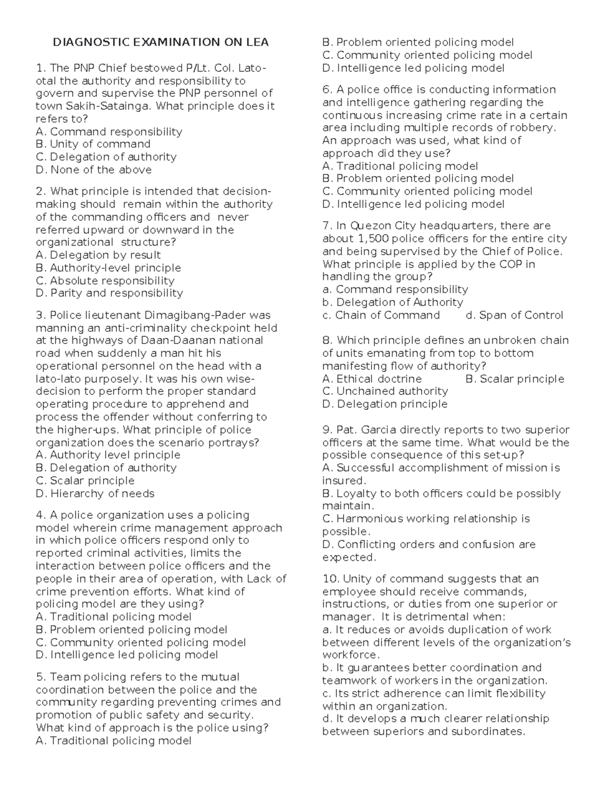 Revised Diagnostic Examination on LEA: Key Principles in Law ...