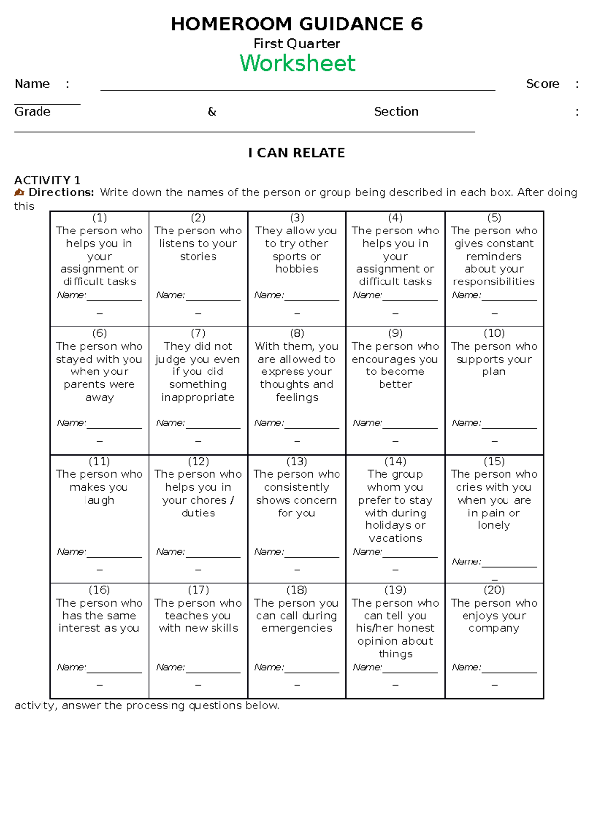 AS-HG6-2 - Homeroom Guidance: First Quarter Worksheet Activities - Studocu
