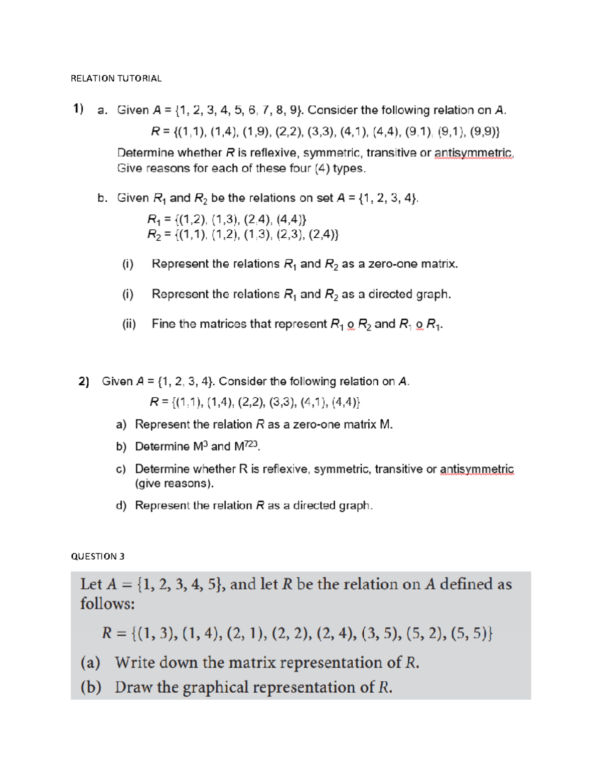 Relation Tutorial Question - Computer Mathematics - RELATION TUTORIAL ...