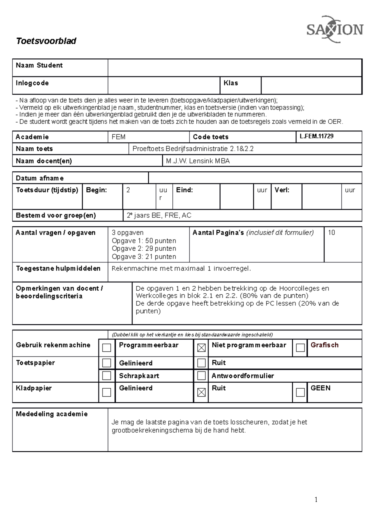 Proeftoets Bedrijfsadministratie L.FEM. - Toetsvoorblad en Instructies ...
