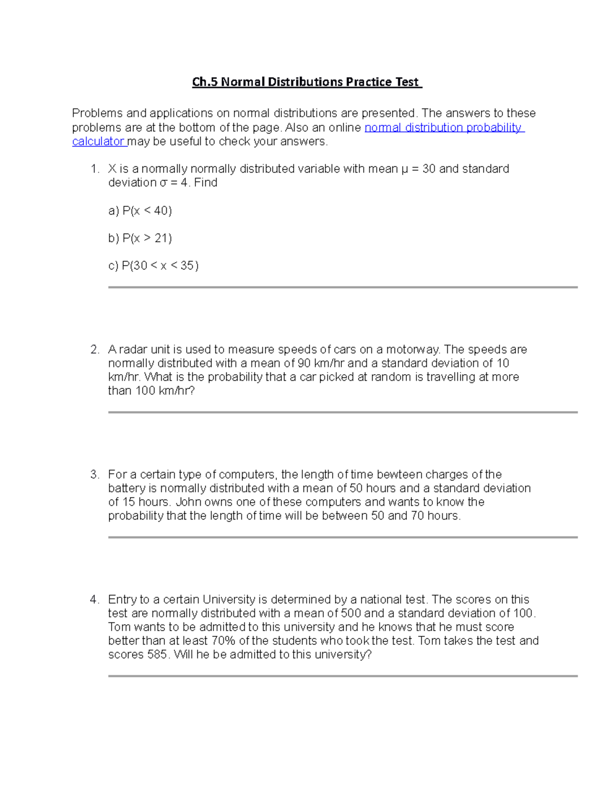 Ch.5 Normal Distributions Practice Test and Solutions - Studocu