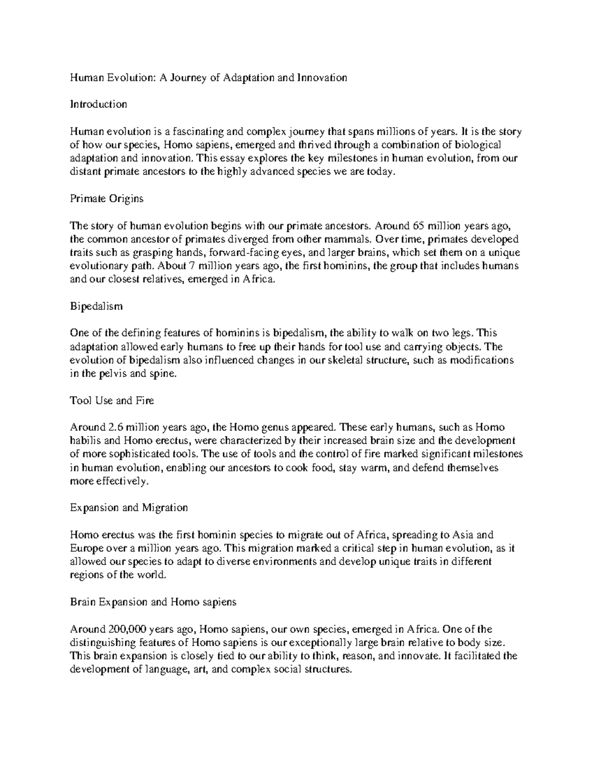 Human Evolution (BIO 101) - Essay on Adaptation and Innovation - Studocu