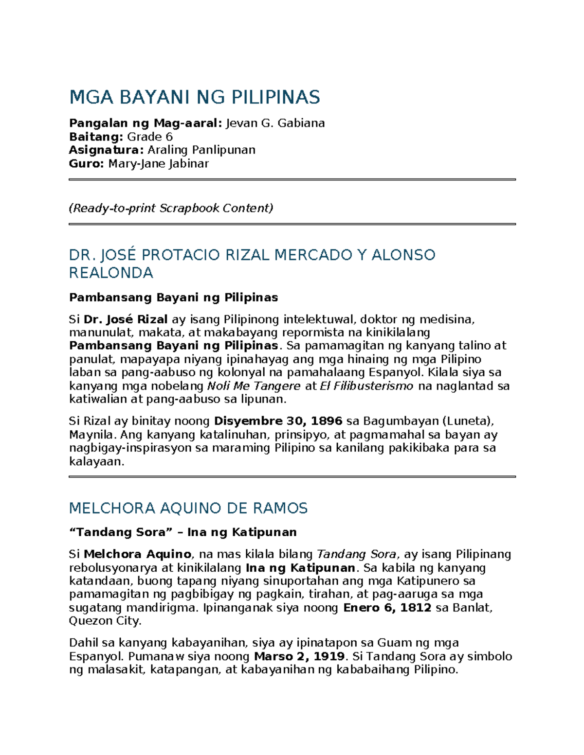 MGA BAYANI NG PILIPINAS: Scrapbook ng mga Bayani (Grade 6) - Studocu
