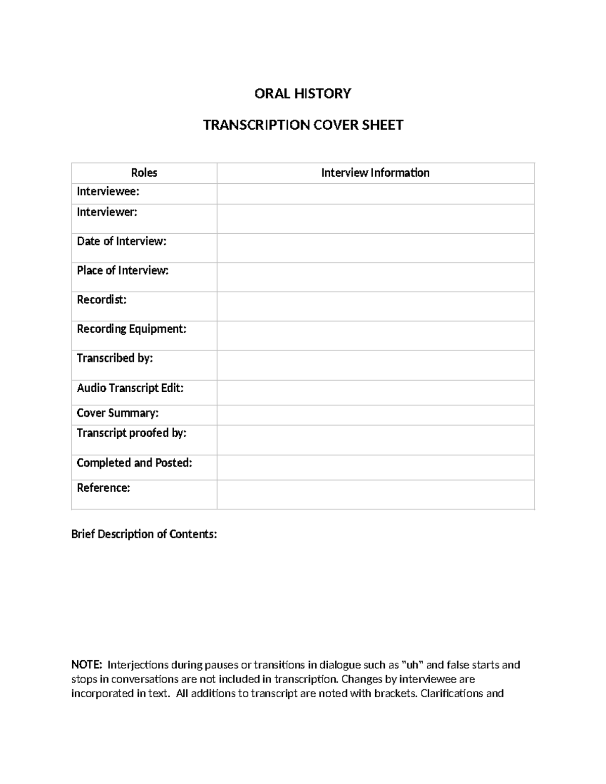 Template coverpage - practice test - ORAL HISTORY TRANSCRIPTION COVER ...