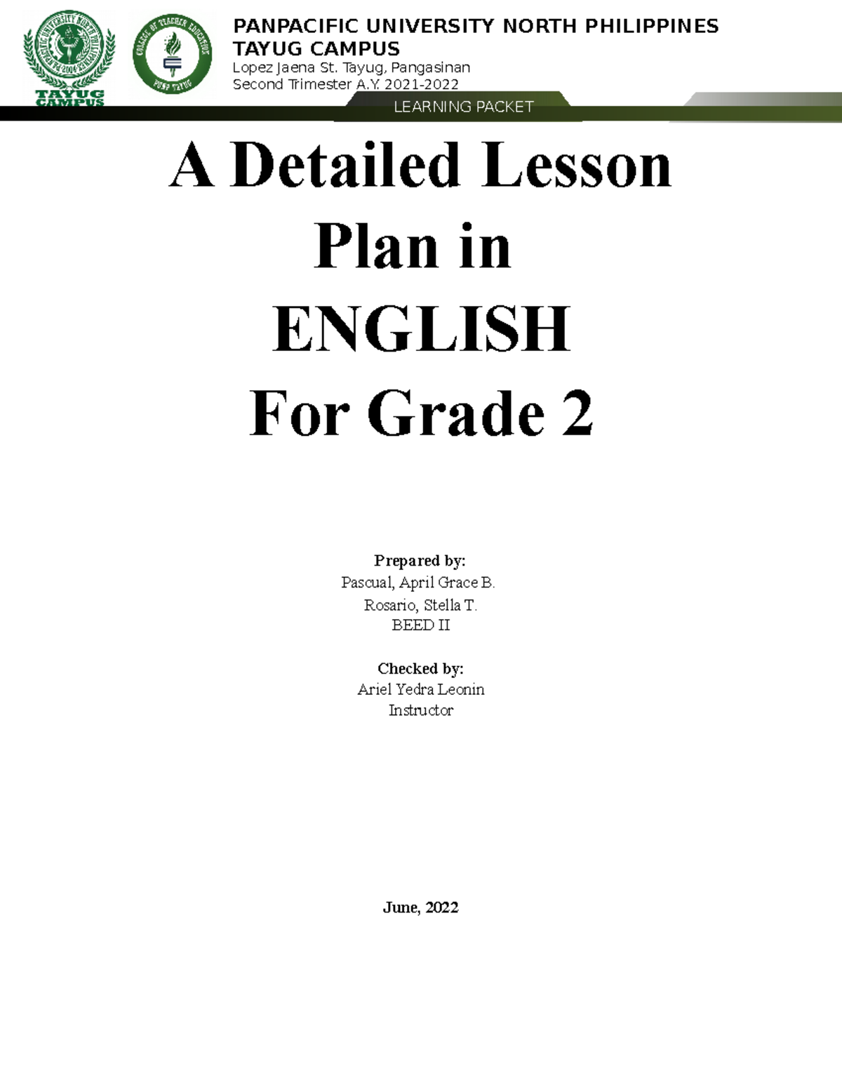 Detailed Lesson Plan on Action Words for English Grade 2 - Studocu
