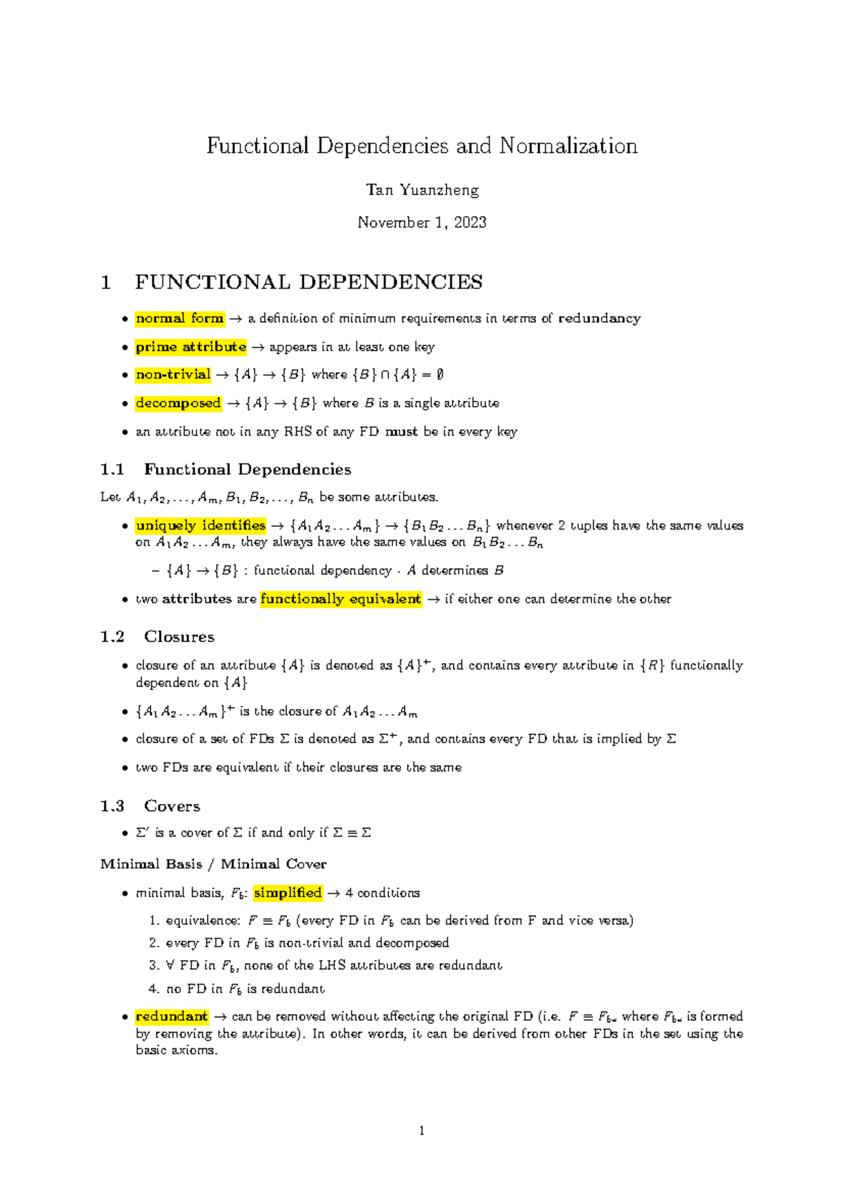 Functional Dependencies & Normalization Study Notes for CS 301 - Studocu