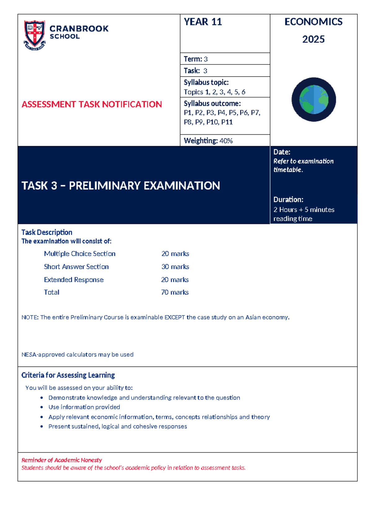 YEAR 11 ECONOMICS 2025 Term 3 Task 3 Exam Notification - Studocu