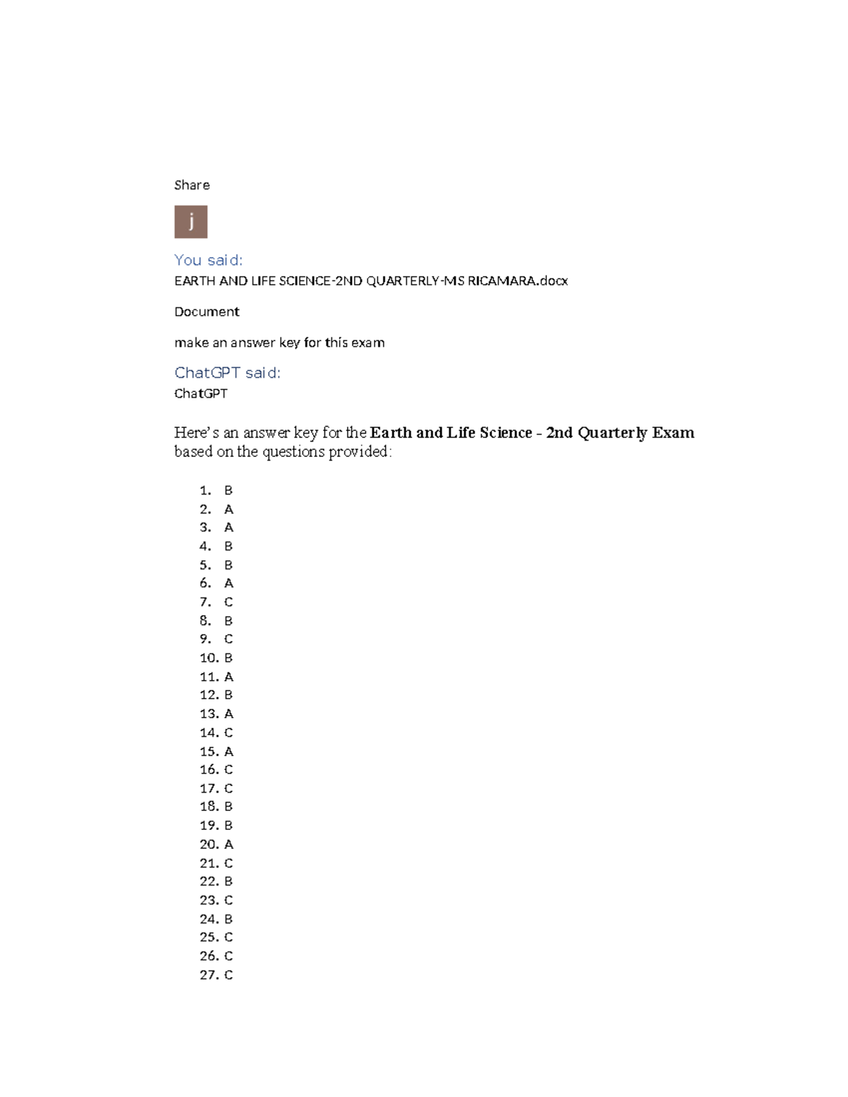 Earth and Life Science - LTC 2nd Q Exam Answer Key - Studocu
