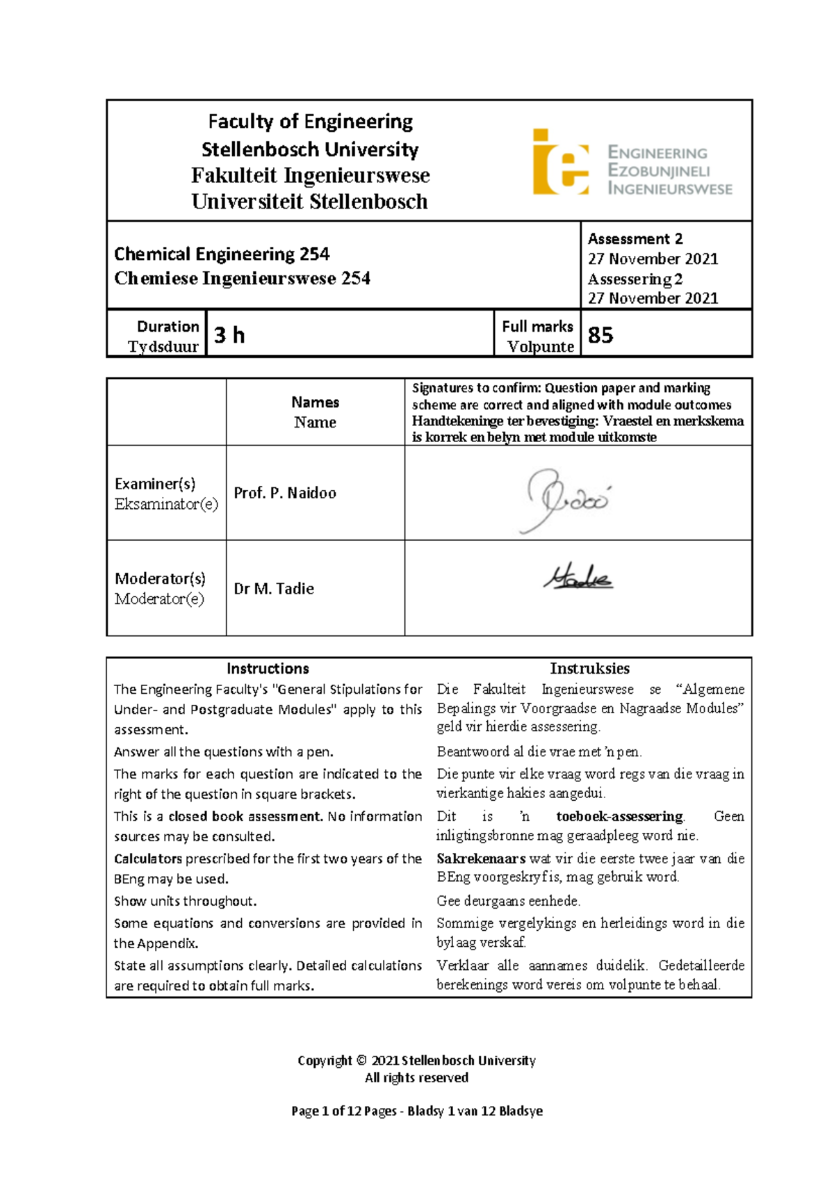Chemical Engineering 254 - Assessment 2 (A2) - November 2021 - Studocu