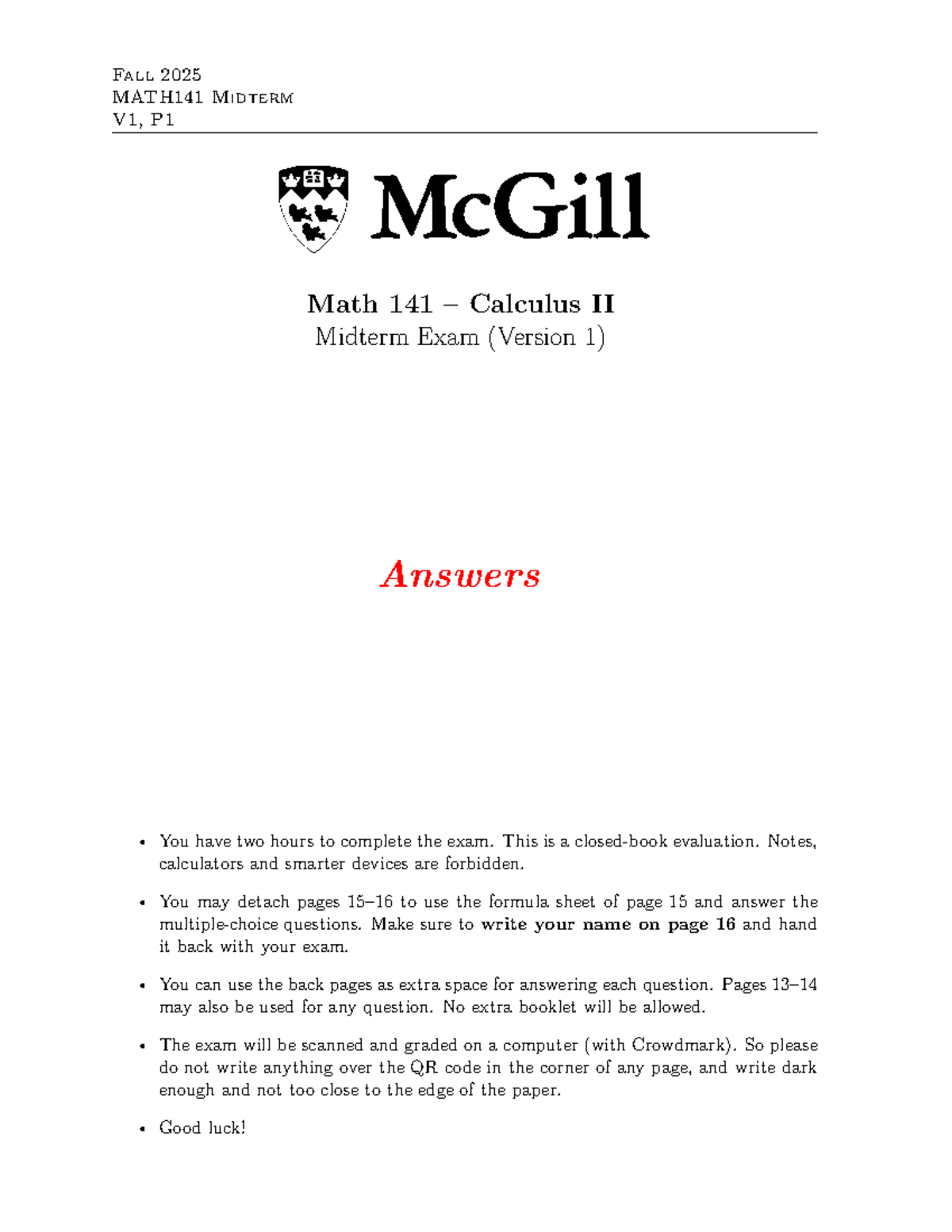 Fall 2025 MATH141 Midterm Exam V1: Calculus II Answers and Guidelines ...