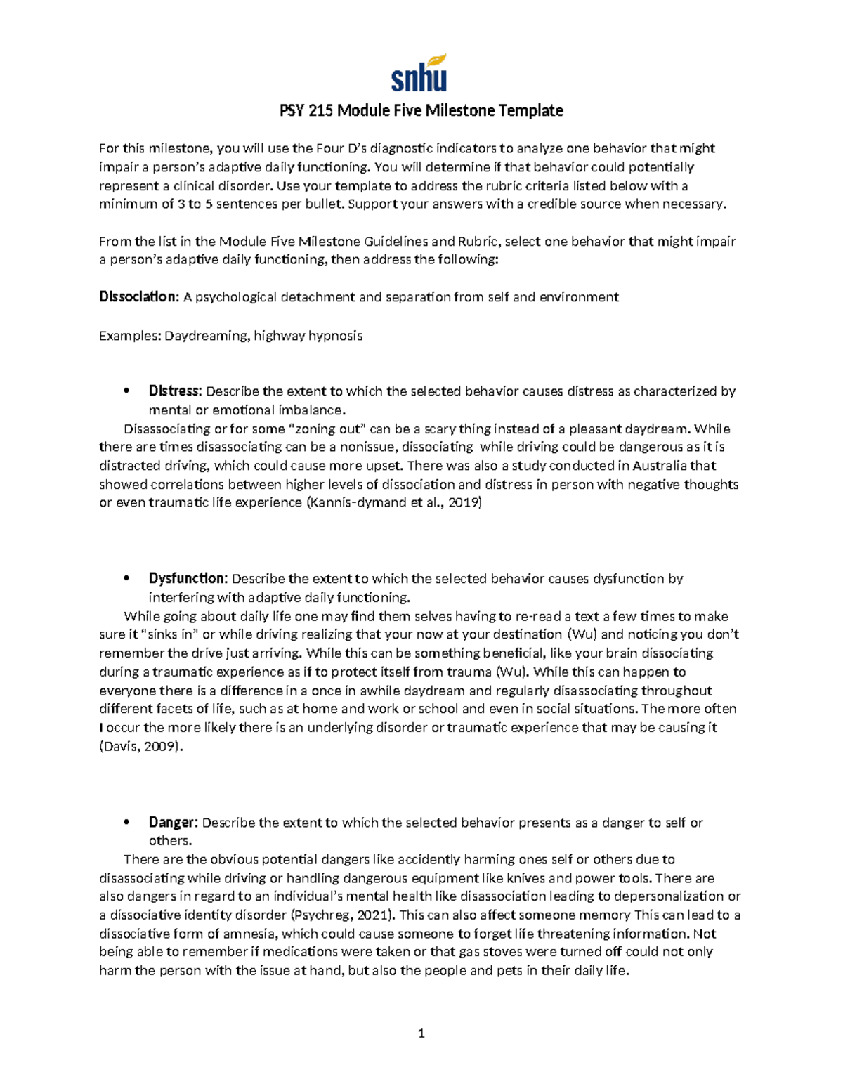 PSY 215 Module 5 Milestone: Analyzing Dissociation's Impact - Studocu