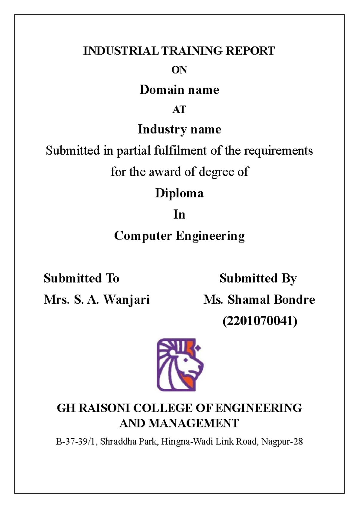 Industrial Training Report Format - Computer Science HL - INDUSTRIAL ...