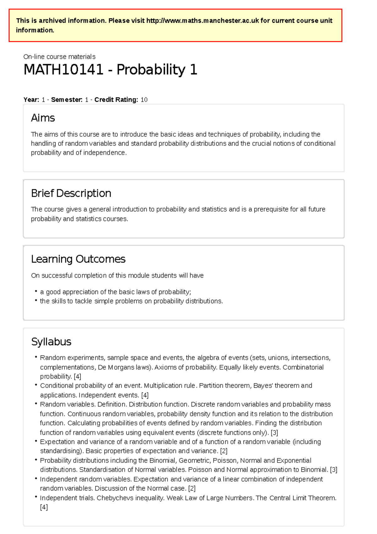 Probability 1 (MATH10141) - This is archived information. Please visit ...