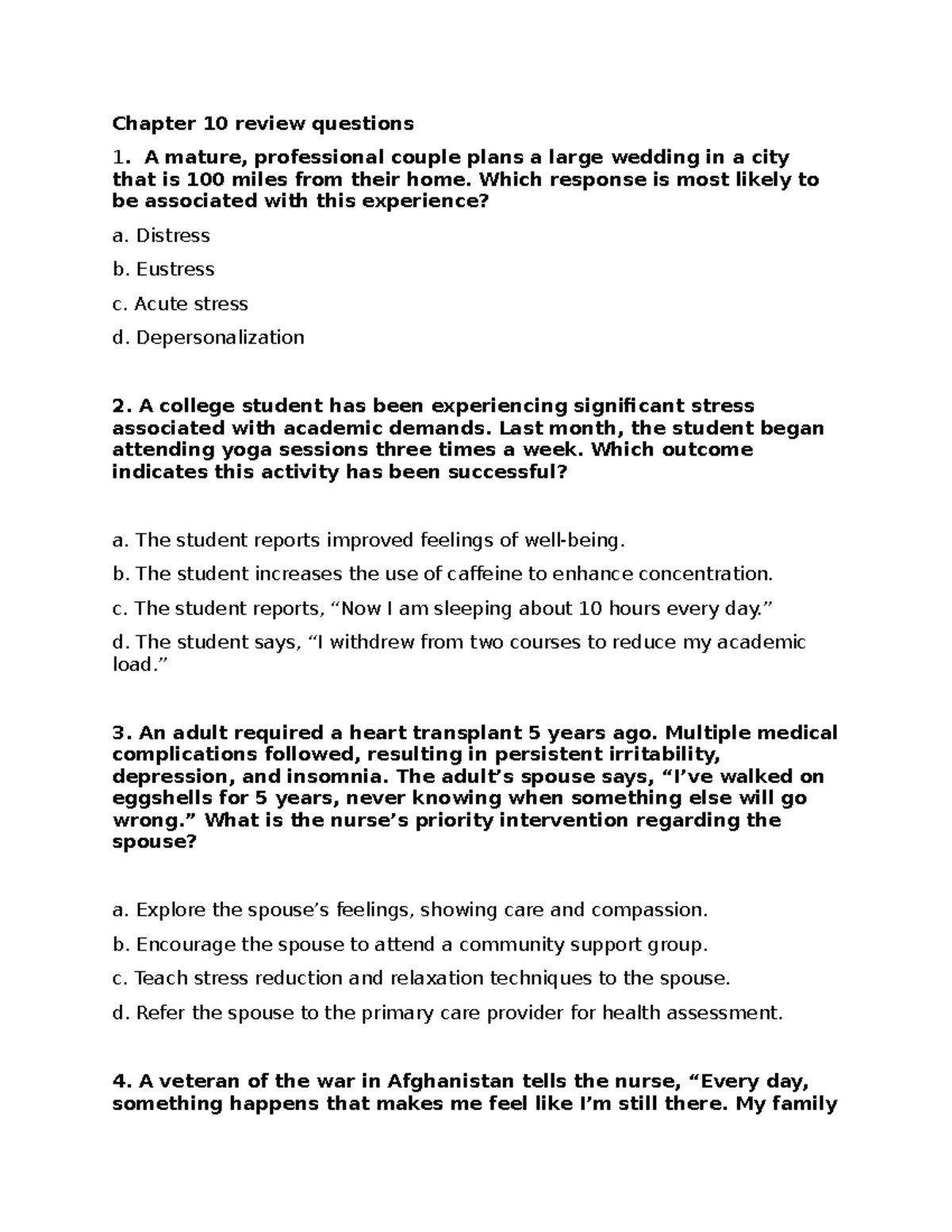 Chapter Review Questions for Mental Health Nursing (NUR 101) - Studocu
