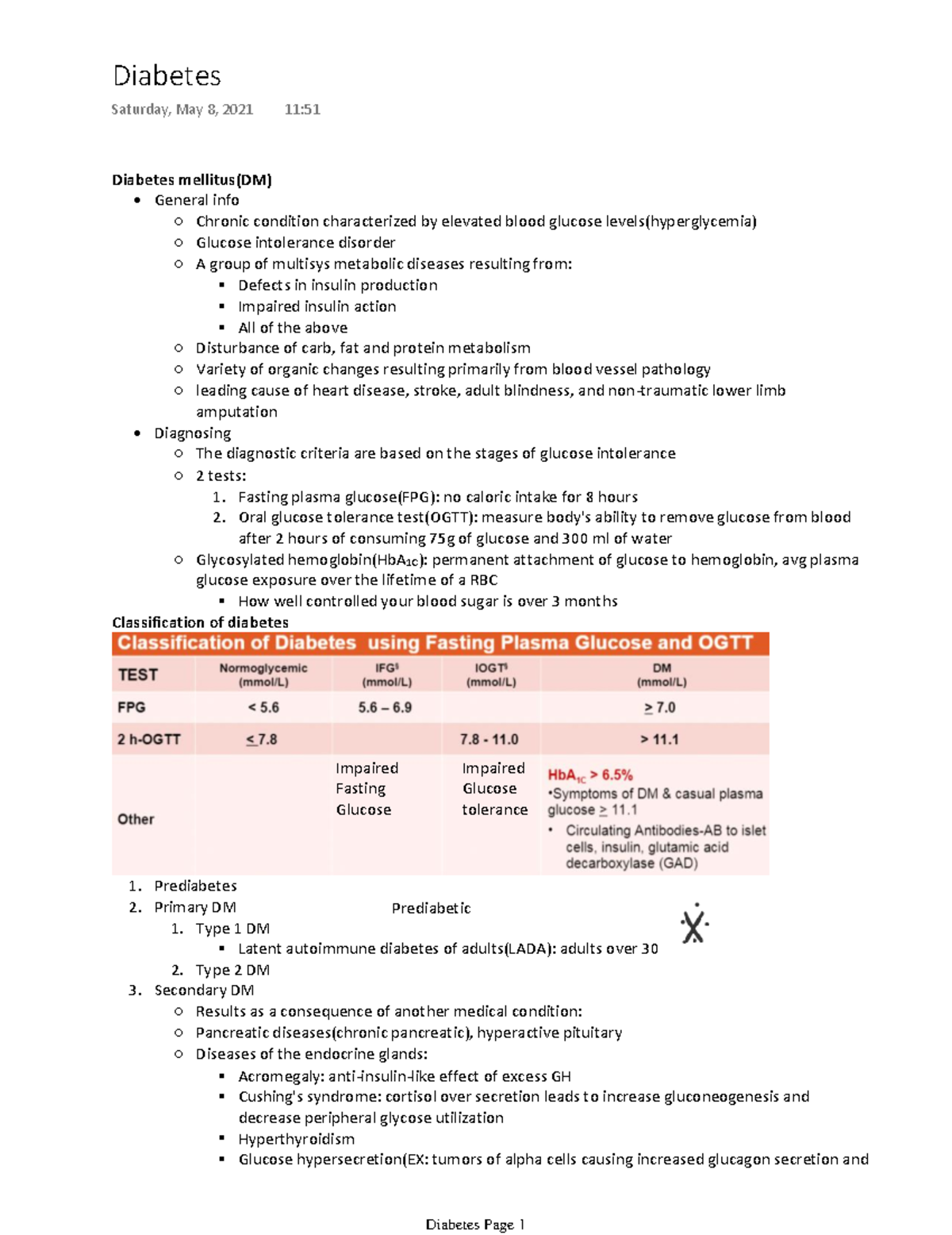 Diabetes - Lecture notes 1 - Diabetes mellitus(DM) General info Chronic ...