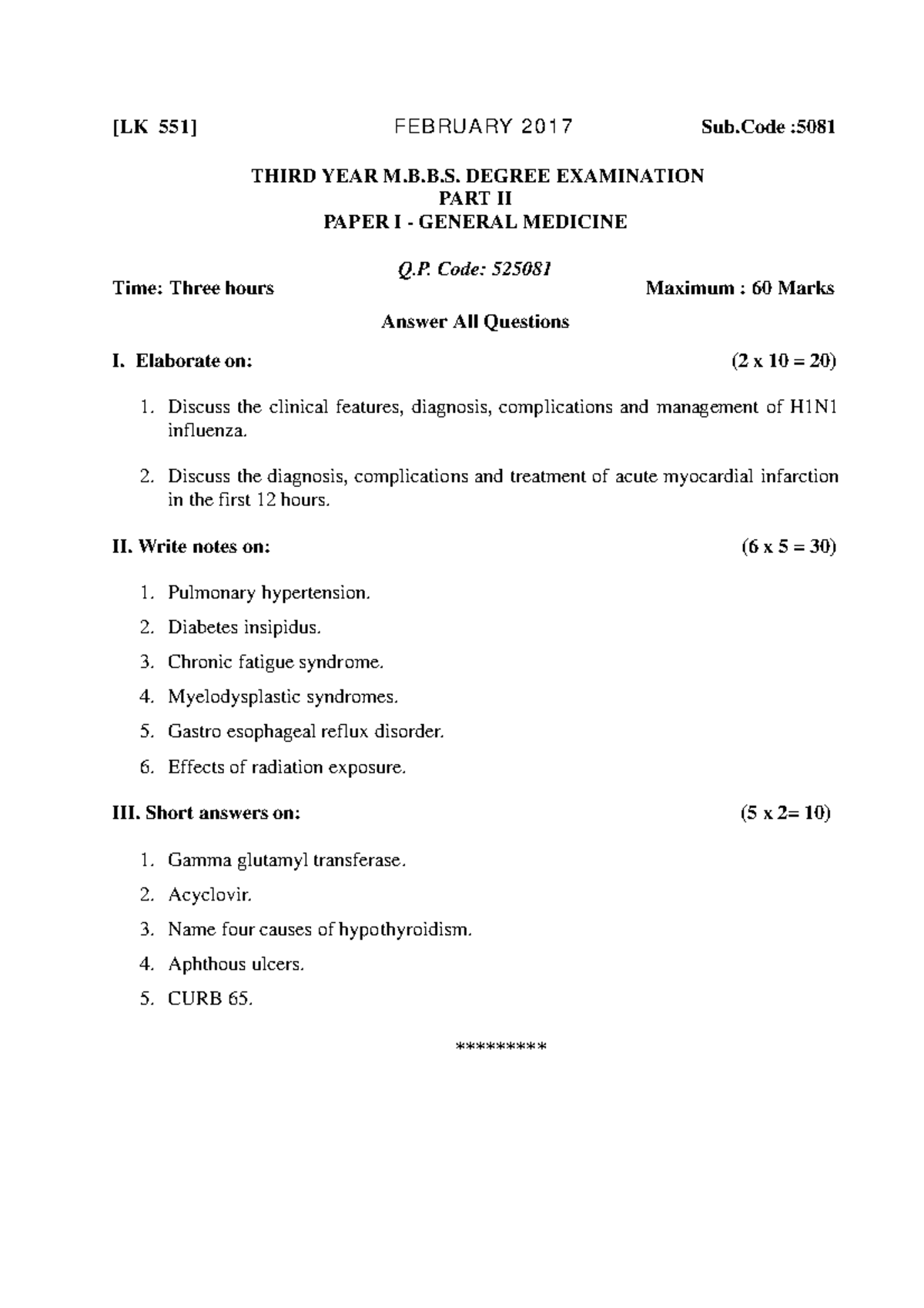 M.B.B.S. III Year Part II Paper I General Medicine Exam Q.P. Code ...