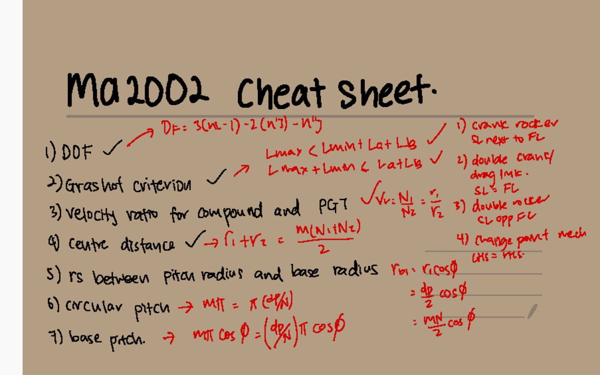 MA2002 - Summary of TOM - ma2002 Cheat sheet. 1) Crank rocker 1) DOF ...