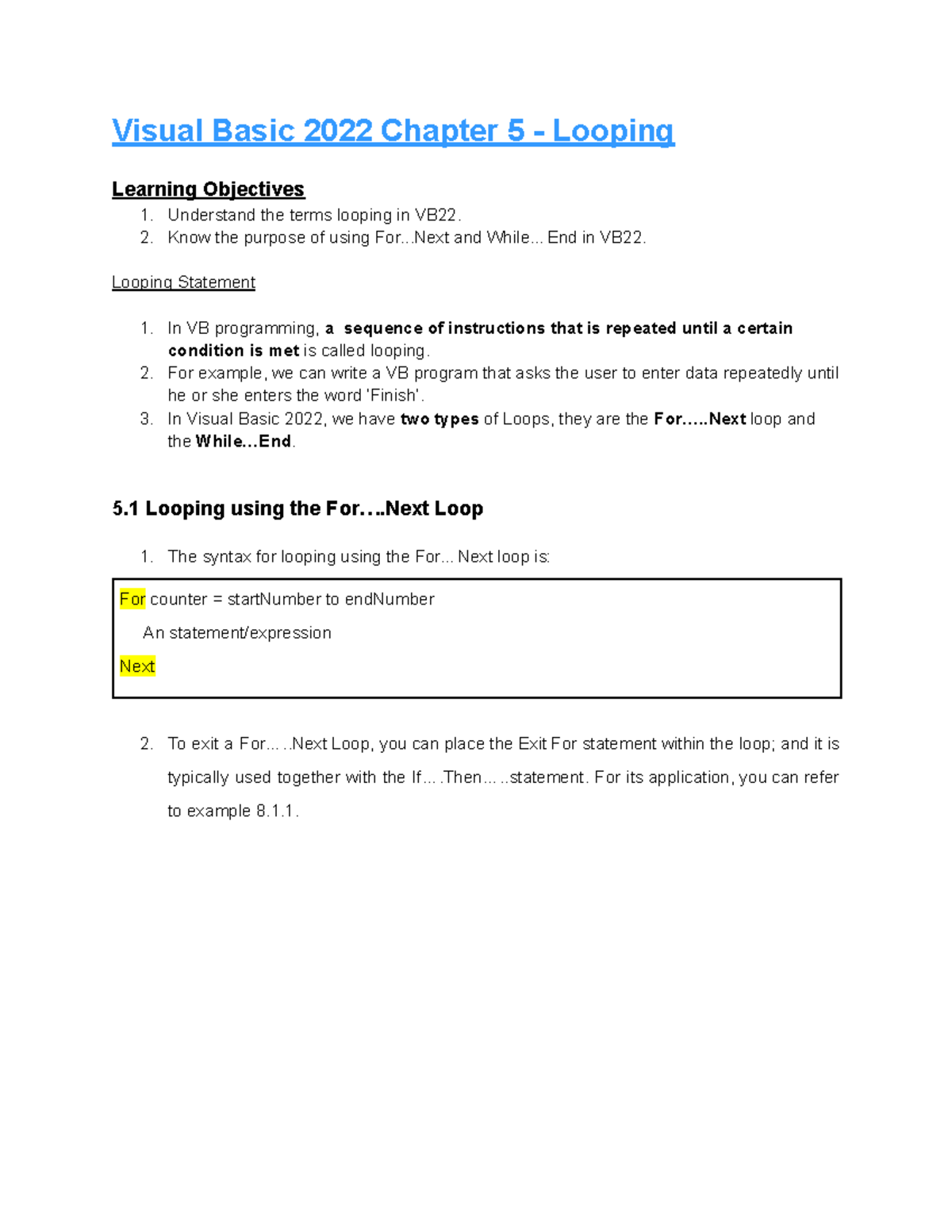 Chapter 5 VB22: Understanding Looping Concepts and Examples - Studocu