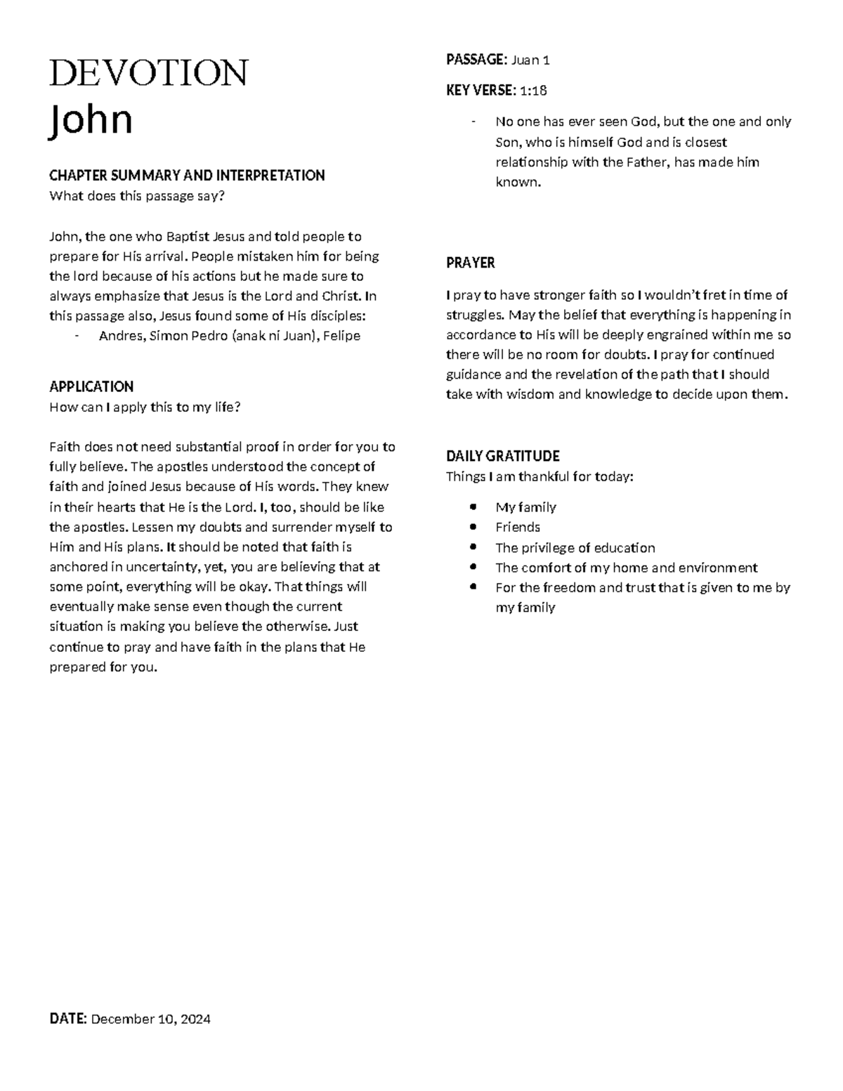 Devotion - DEVOTION John CHAPTER SUMMARY AND INTERPRETATION What does ...
