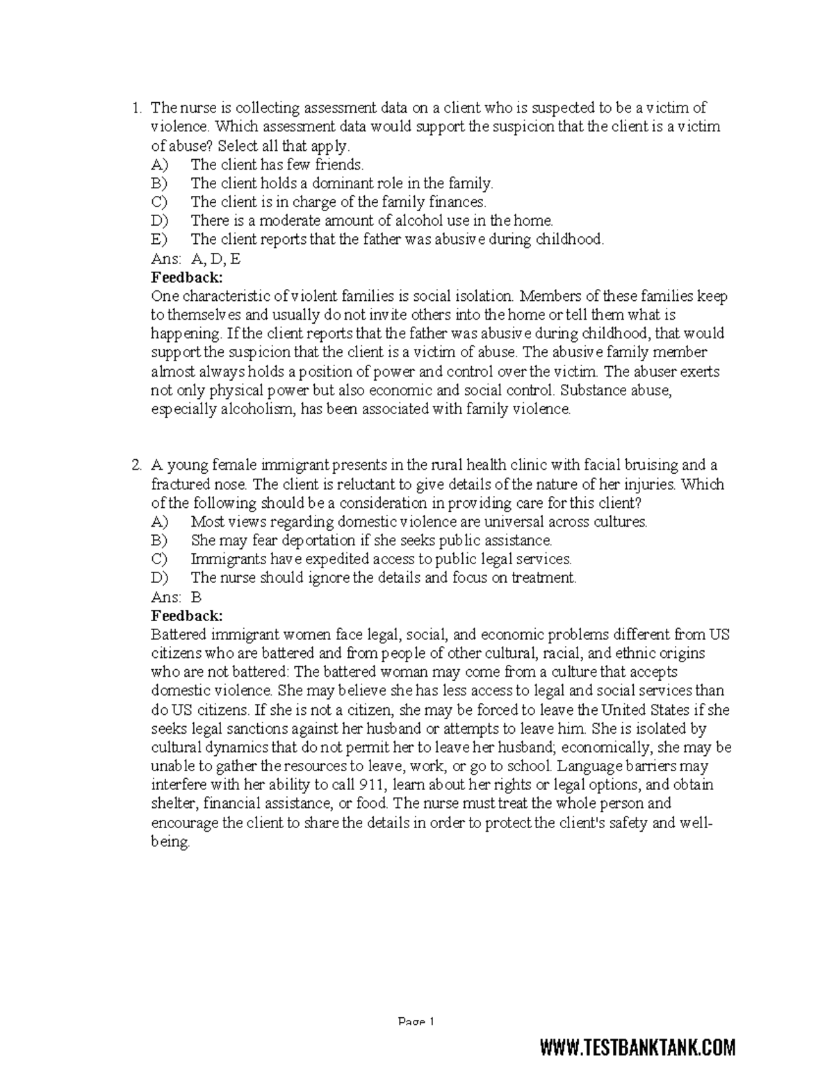 Ch 12 - Abuse and Violence - Test Bank Questions and Answers - Studocu
