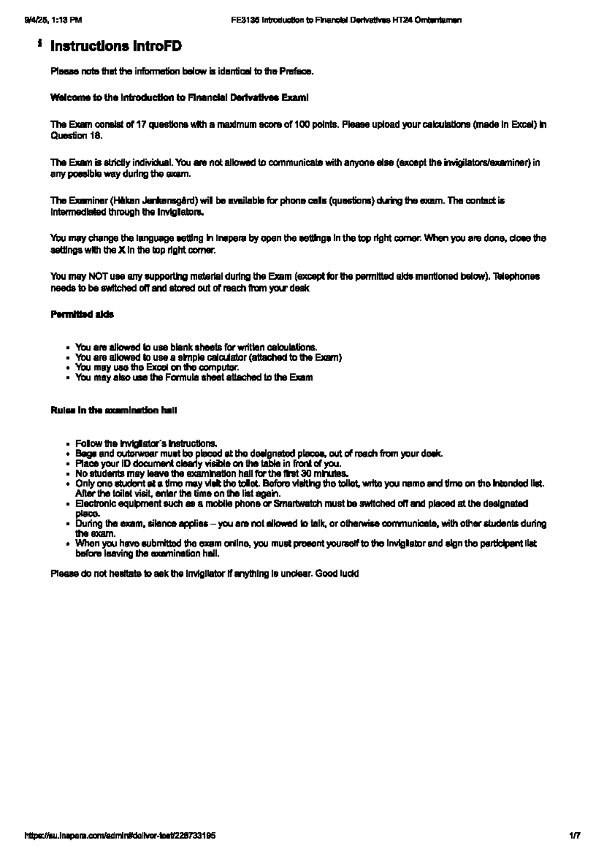 FE3135 Introduction to Financial Derivatives HT24 Exam Instructions ...