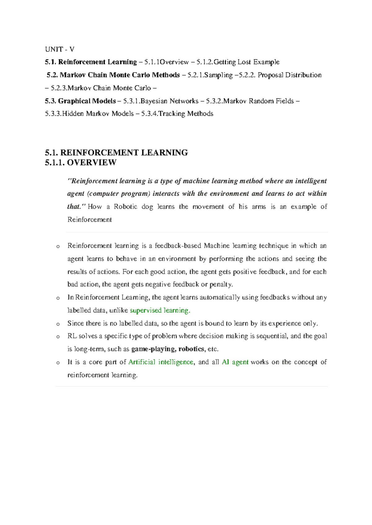 UNIT-V - ML Notes: Reinforcement Learning & Markov Chain Methods - Studocu