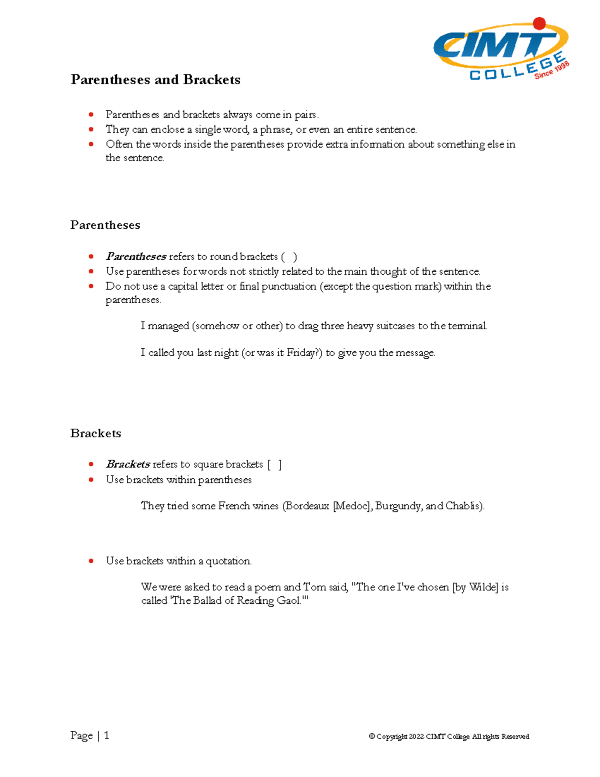 English I Exam Notes - furture - Parentheses and Brackets Parentheses ...