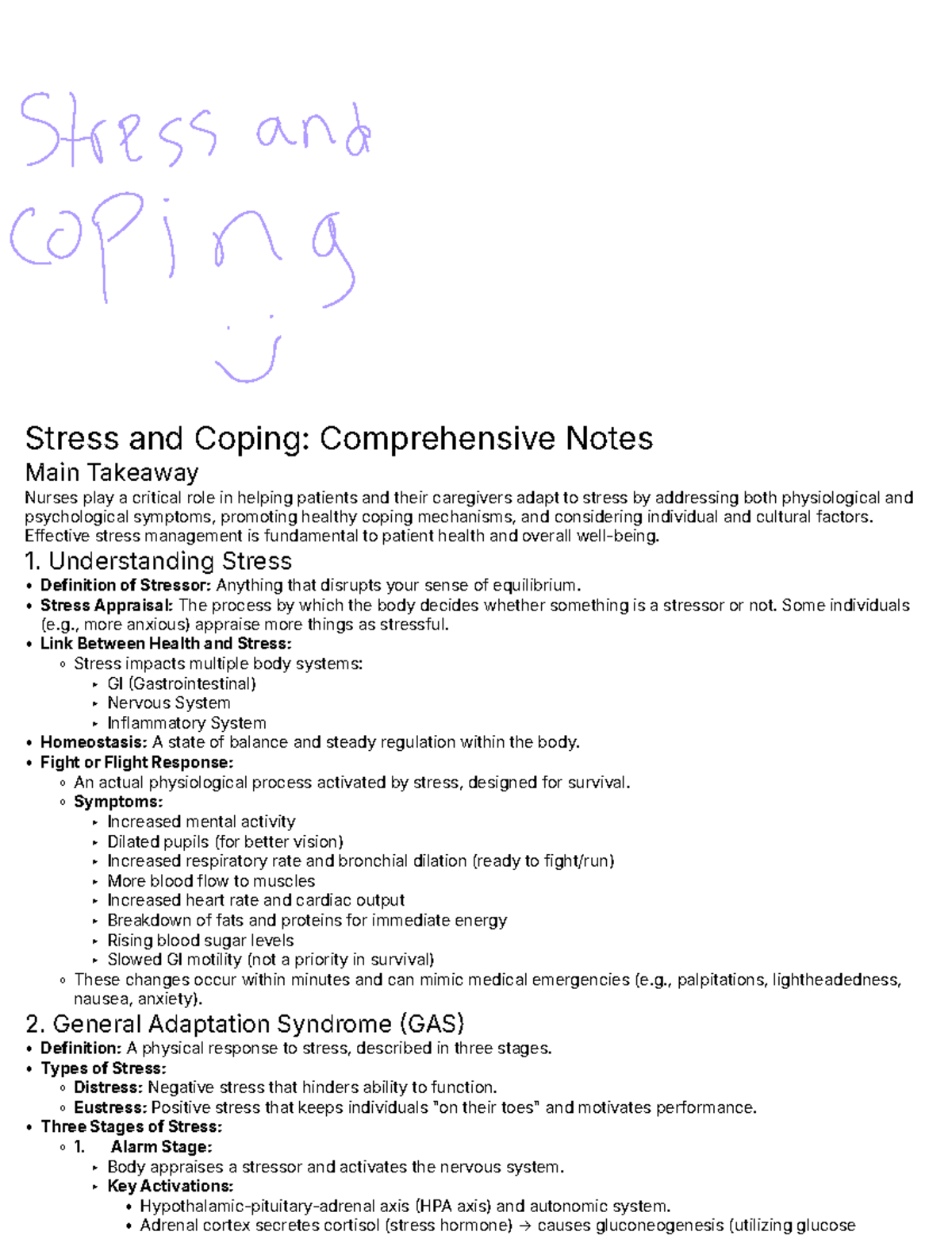 Nursing 101: Stress and Coping Mechanisms Comprehensive Notes - Studocu