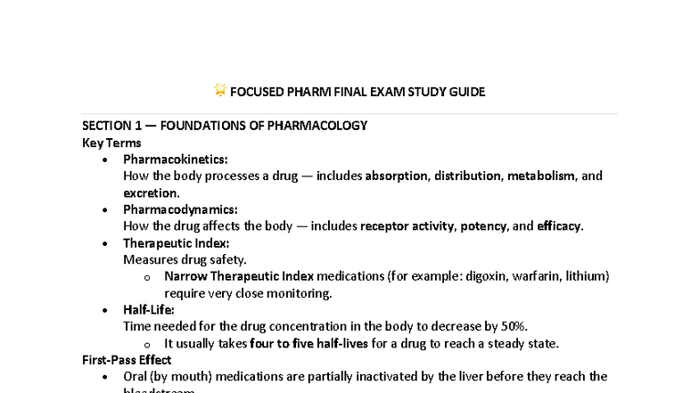🌟 Focused Pharm Final Exam Study Guide: Key Concepts & Med Admin - Studocu