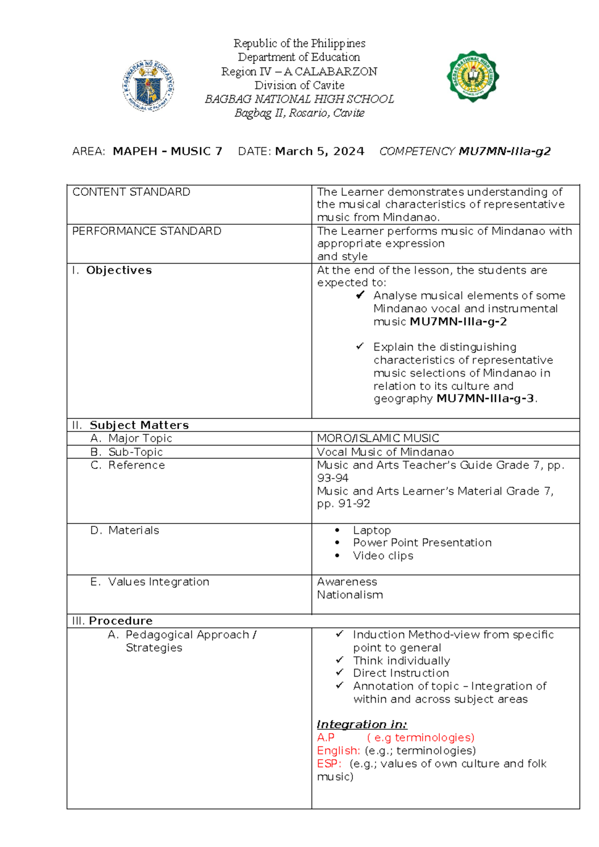 Detailed Lesson Plan in Music for Grade 7 Q3, Lesson 2 on Mindanao ...
